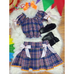 Conjunto Infantil Junino Ciganinha Azul Escuro Xadrez Colorido