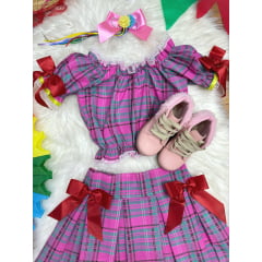 Conjunto Infantil Junino Ciganinha Rosa Chiclete Xadrez Colorido