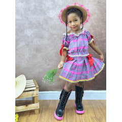 Conjunto Infantil Junino Ciganinha Rosa Chiclete Xadrez Colorido