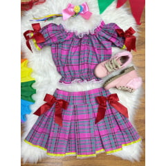 Conjunto Infantil Junino Ciganinha Rosa Chiclete Xadrez Colorido