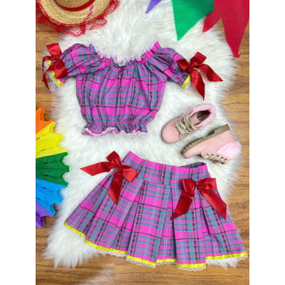 Conjunto Infantil Junino Ciganinha Rosa Chiclete Xadrez Colorido