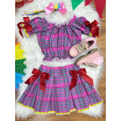 Conjunto Infantil Junino Ciganinha Rosa Chiclete Xadrez Colorido