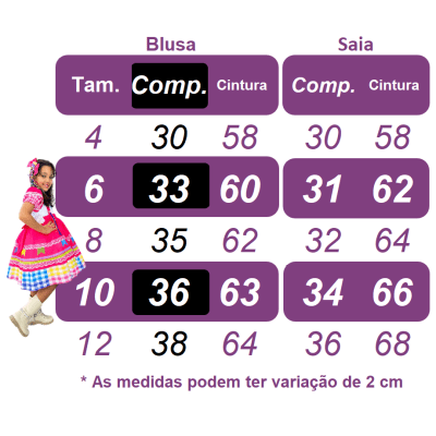 Conjunto Infantil Junino Ciganinha Rosa Chiclete Xadrez Colorido