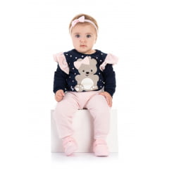 Conjunto Infantil Moletom Flanelado Azul Marinho e Rosa Ursinho