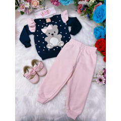 Conjunto Infantil Moletom Flanelado Azul Marinho e Rosa Ursinho