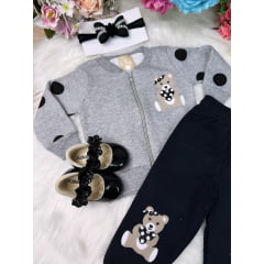 Conjunto Infantil Moletom Flanelado Cinza e Preto C/ Zíper Ursinho