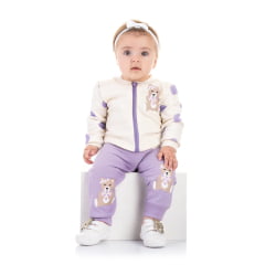 Conjunto Infantil Moletom Flanelado Off White Lilás Zíper Ursinho