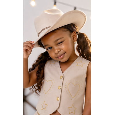 Conjunto Infantil Sarja Bege Colete e Short C/ Cinto Boiadeira Country