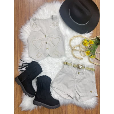 Conjunto Infantil Sarja Bege Colete e Short C/ Cinto Boiadeira Country