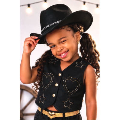 Conjunto Infantil Sarja Preto Colete e Short C/ Cinto Boiadeira Country