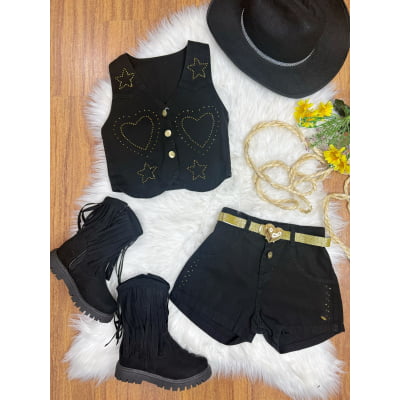 Conjunto Infantil Sarja Preto Colete e Short C/ Cinto Boiadeira Country