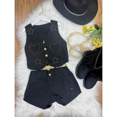 Conjunto Infantil Sarja Preto Colete e Short C/ Cinto Boiadeira Country