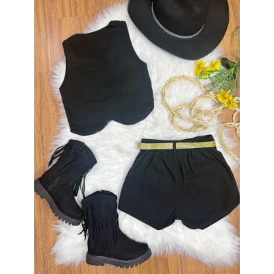 Conjunto Infantil Sarja Preto Colete e Short C/ Cinto Boiadeira Country