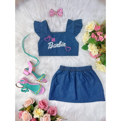 Conjunto Jeans Hi Barbie Com Laço Festas Luxo Casual