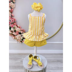 Conjunto Meninas Amarelo Listrado C/ Short e Pulseira