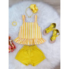 Conjunto Meninas Amarelo Listrado C/ Short e Pulseira