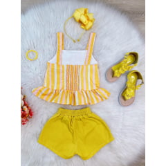 Conjunto Meninas Amarelo Listrado C/ Short e Pulseira