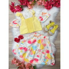 Conjunto Meninas Blusa Amarela e Saia Borboletas Coloridas