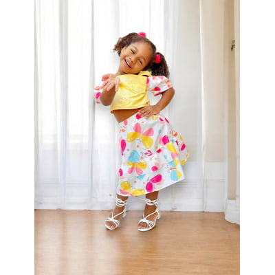 Conjunto Meninas Blusa Amarela e Saia Borboletas Coloridas Casual