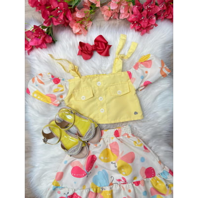 Conjunto Meninas Blusa Amarela e Saia Borboletas Coloridas Casual