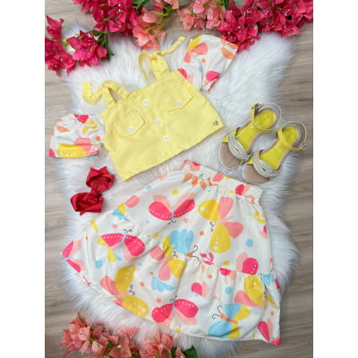 Conjunto Meninas Blusa Amarela e Saia Borboletas Coloridas Casual