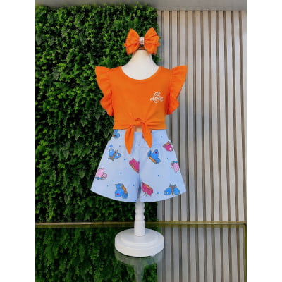 Conjunto Meninas Blusa Amarradinha Laranja e Shorts Estampa Colorida
