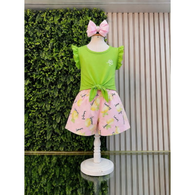 Conjunto Meninas Blusa Amarradinha Verde e Shorts Estampa Colorida