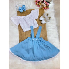 Conjunto Meninas Blusa Branca Bordada e Salopete Azul Claro