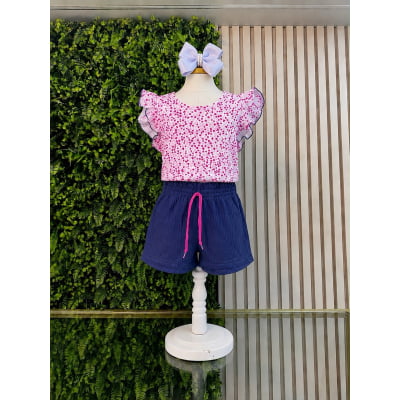 Conjunto Meninas Blusa Cropped Coraçõeszinhos e Shorts Fru-Fru