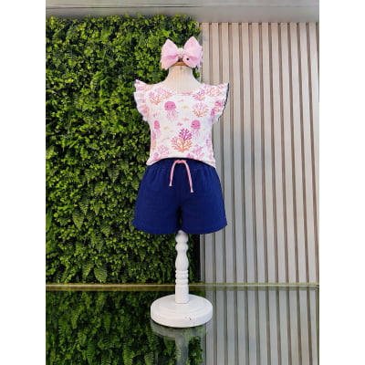 Conjunto Meninas Blusa Cropped Fundo do Mar e Shorts Fru-Fru