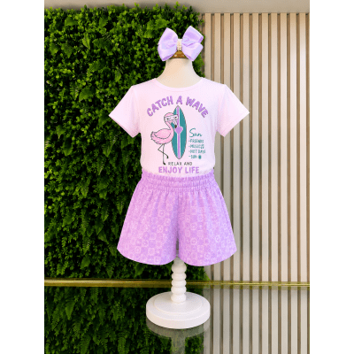 Conjunto Meninas Blusa e Shorts Marfim Com Estampas Coloridas