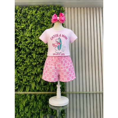 Conjunto Meninas Blusa e Shorts Rosa Com Estampas Coloridas