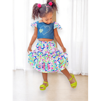 Conjunto Meninas Blusa Jeans e Saia Colorida Luxo Casual