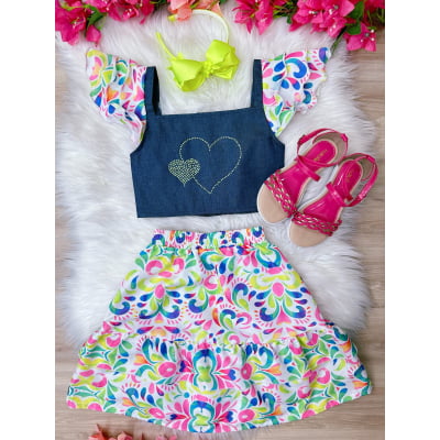 Conjunto Meninas Blusa Jeans e Saia Colorida Luxo Casual
