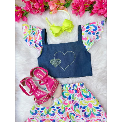 Conjunto Meninas Blusa Jeans e Saia Colorida Luxo Casual