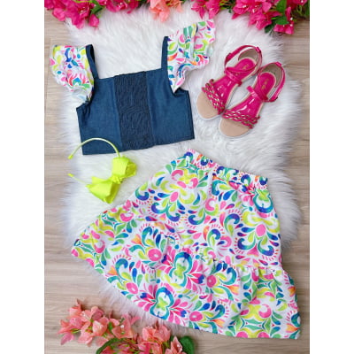 Conjunto Meninas Blusa Jeans e Saia Colorida Luxo Casual