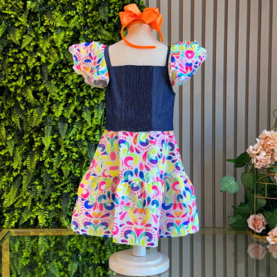 Conjunto Meninas Blusa Jeans e Saia Colorida Luxo Casual