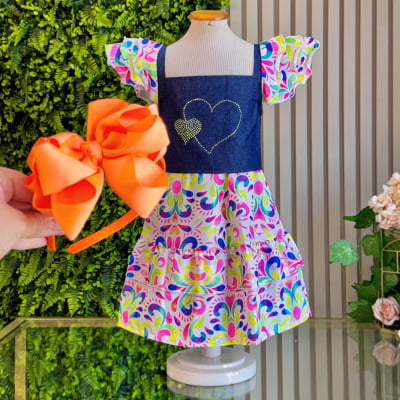 Conjunto Meninas Blusa Jeans e Saia Colorida Luxo Casual