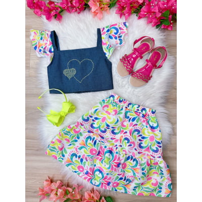 Conjunto Meninas Blusa Jeans e Saia Colorida Luxo Casual