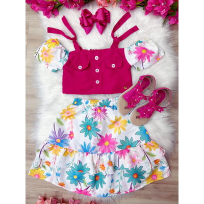 Conjunto Meninas Blusa Pink e Saia Florida Margaridas Luxo Casual
