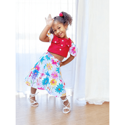 Conjunto Meninas Blusa Pink e Saia Florida Margaridas Luxo Casual