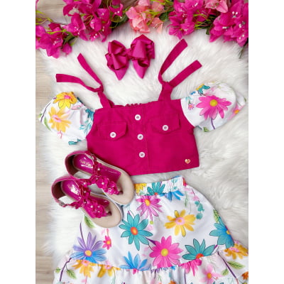 Conjunto Meninas Blusa Pink e Saia Florida Margaridas Luxo Casual