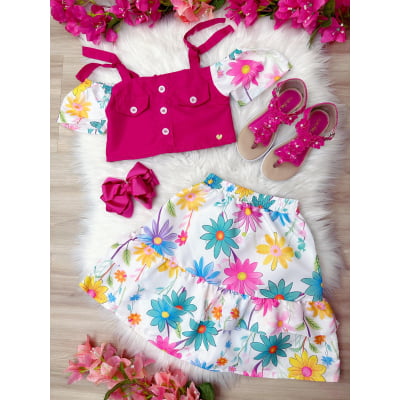 Conjunto Meninas Blusa Pink e Saia Florida Margaridas Luxo Casual