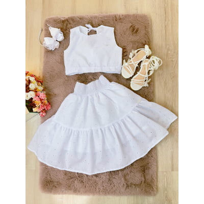 Conjunto Meninas Branco Cropped e Saia Midi Casual Luxo