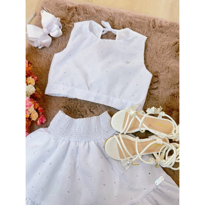 Conjunto Meninas Branco Cropped e Saia Midi Casual Luxo