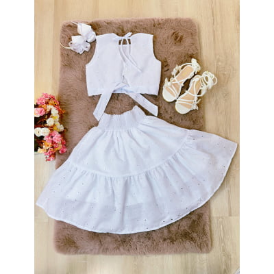 Conjunto Meninas Branco Cropped e Saia Midi Casual Luxo