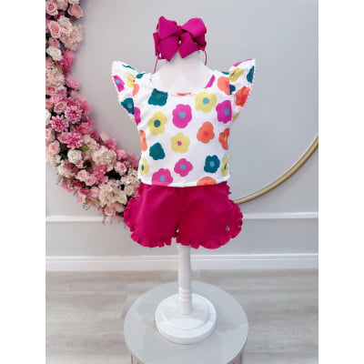 Conjunto Meninas Branco Florido C/ Short Pink e Pulseira Casual
