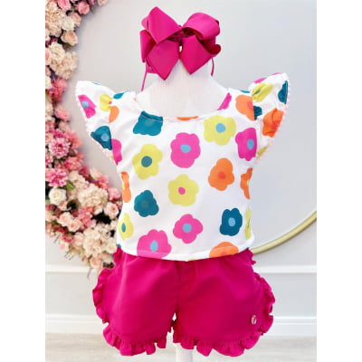 Conjunto Meninas Branco Florido C/ Short Pink e Pulseira Casual
