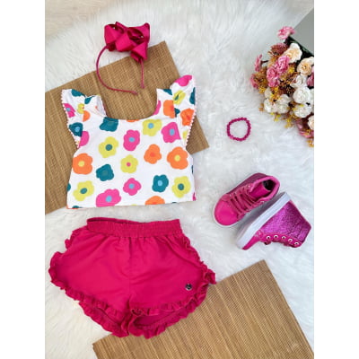 Conjunto Meninas Branco Florido C/ Short Pink e Pulseira Casual