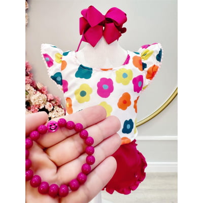 Conjunto Meninas Branco Florido C/ Short Pink e Pulseira Casual